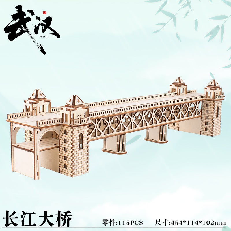 Ancient Style Architecture Wuhan Yangtze River Bridge Diy Wooden Assembly Model Handmade 3D Stereo Puzzle Customization ‌ - Image 1